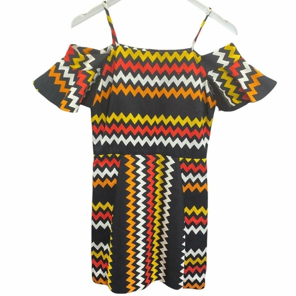 MSGM Chevron Cold Shoulder Mini Dress Zigzag S Black Yellow Italian Luxury Mod